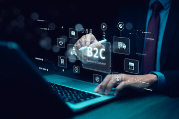B2C business to consumer concept 2025 on virtual screen.Business to customer marketing strategy.business to client marketing and internet services. communication, feedback, online marketing.