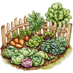 Watercolor Illustration of a Vegetable Garden with Carrots, Cabbage, and Lettuce.