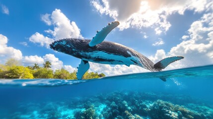 Naklejka premium Humpback Whale Breaching in Crystal Clear Water
