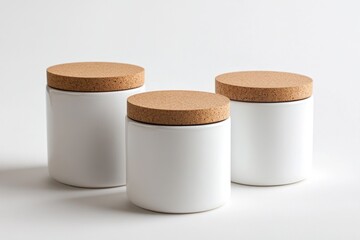 Stylish ceramic containers with wooden lids, ideal for organizing small items in a chic and modern space.