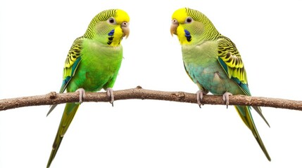Two green parakeets on a branch isolated on white background