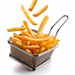 Crispy French fries in a wire basket