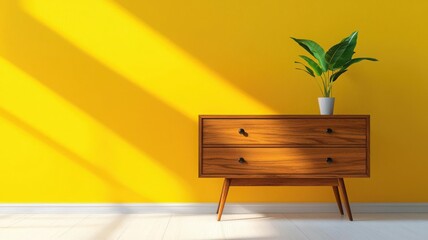 Vintage wooden chest of drawers, clean mid-century lines, smooth grain, warm lighting