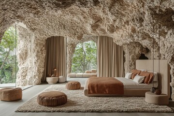 Cozy and natural cave like bedroom interior with earthy tones and textures