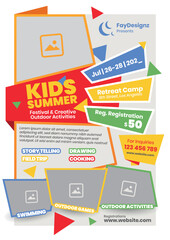 kids summer festival activities poster design for school, colorful summer camp flyer template