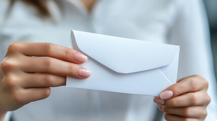 businesswoman's hand holds an open envelope, symbolizing communication and opportunity. The image conveys professionalism, readiness for new ventures, and the importance of networking in business