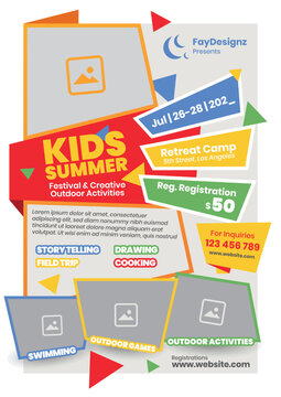 kids summer festival activities poster design for school, colorful summer camp flyer template