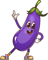 Cartoon groovy eggplant vegetable character striking a playful pose, embodying a fun and lively vibes of 70s. Cheerful vector raw farm veggie personage with a smiling face, white gloves, and sneakers