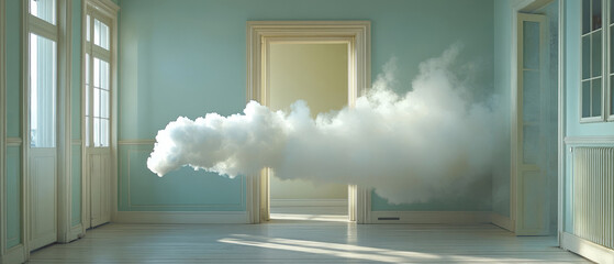 A fluffy cloud drifts through an open doorway in a pastel blue room, with sunlight streaming in, creating a dreamy and surreal ambiance