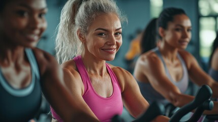 Group of women of different ages and races during cycling workout. Group fitness classes on exercise bikes. Workouts for any age. Be healthy in any age. Photo against a bright, gym studio background