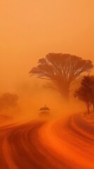 Obraz premium A car struggles to navigate a winding desert road engulfed in a fierce sandstorm