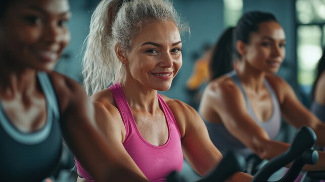 Group of women of different ages and races during cycling workout. Group fitness classes on exercise bikes. Workouts for any age. Be healthy in any age. Photo against a bright, gym studio background