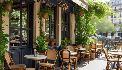 Charming Parisian Cafe Terrace with Bistro Tables, Wicker Chairs, and Lush Potted Plants