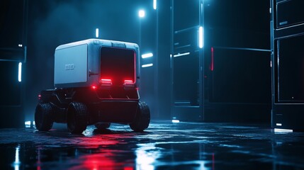 Futuristic Delivery Robot in Neon Lit Warehouse
