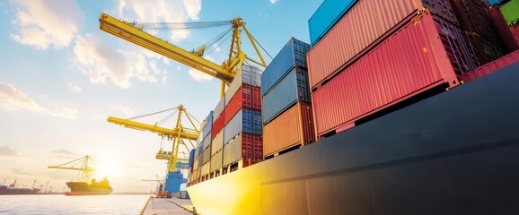 Cargo Ship Docked At Port With Colorful Containers