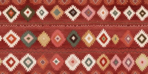 A vibrant patterned rug showcasing colorful diamond motifs on a rich red background, perfect for adding warmth to any space.