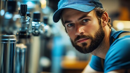 A focused repairman carefully aligning a water filter component during installation, with tools and parts around him