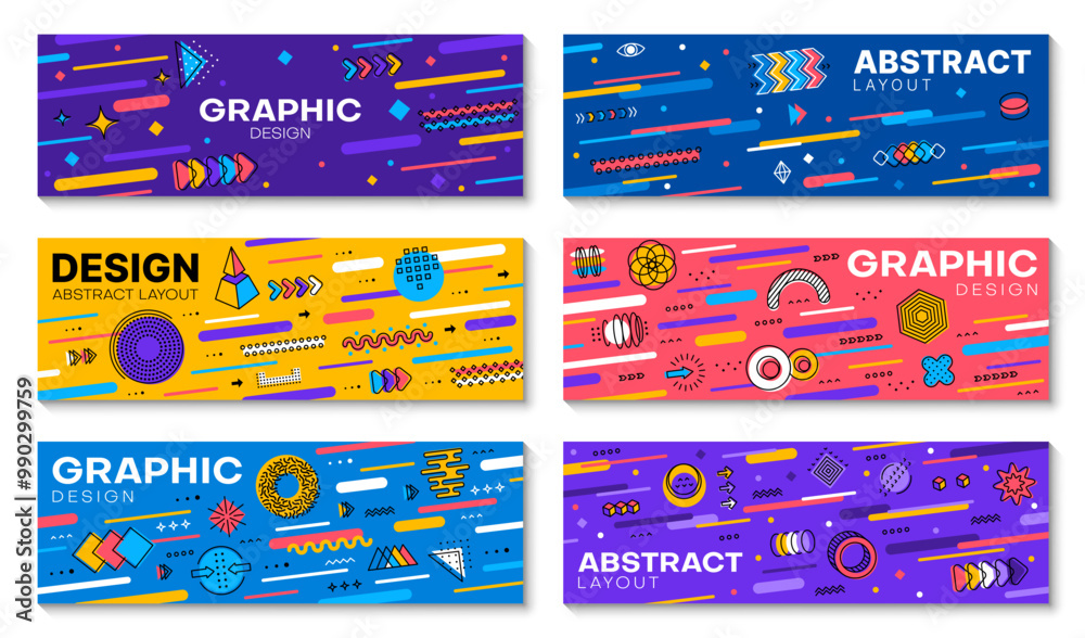Poster Abstract geometric modern Memphis banners. Dynamic and visually striking design capture vibes of 80s ethos. Horizontal vector cards or layouts with vibrant colors, bold patterns and eclectic shapes