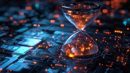 Hourglass with glowing particles on a futuristic circuit board. Concept of time machine, data processing and network technology. Design for wallpaper, tech background, and conceptual art.