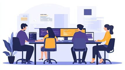 Four People Working at Desk with Computers