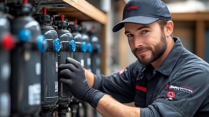 Obraz premium A mechanic in uniform finishing up the repair of a water filter, giving a satisfied nod as he checks the system