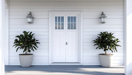 Simple White Front Door with Plants and Lanterns