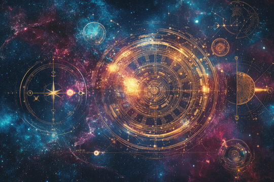 An astrologer examines a detailed cosmic chart filled with celestial bodies and zodiac symbols, capturing the mysteries of the universe at night.