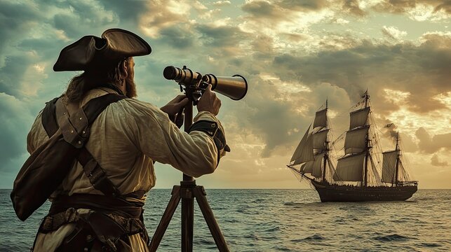 Pirate Captain Observing a Distant Ship at Sea