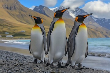 Fototapeta premium Group of penguins standing on a beach. The penguins are in a line, with the first penguin on the left and the last one on the right. King penguins (Aptenodytes patagonicus) on the beach