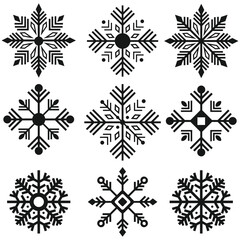 Flat Snowflake Silhouettes for Holiday, Unique Snowflakes Set on White, Flat Snowflake Icon Set, Christmas , New year 