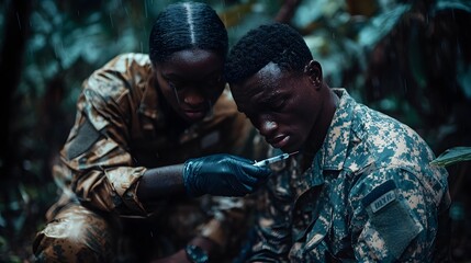 A battlefield medic in a rain-soaked jungle giving an injection to a tired soldier, representing resilience and duty in extreme environments