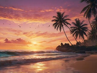 Tropical Sunset in Bali with Swaying Palm Trees