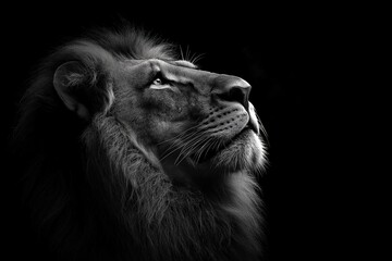 Lion with a long mane and a white face. The lion is looking at the camera. majestic lion portrait closeup on dramatic black background powerful wildlife photography digital art