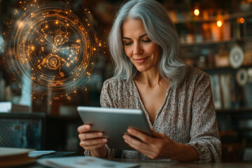 An astrologer with gray hair intently examines celestial charts on a tablet, immersed in her work amid futuristic digital projections and astrological diagrams.