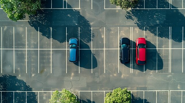 Aerial view of a parking lot with two cars in open spaces surrounded by empty areas