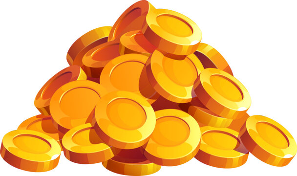 Cartoon golden coins pile, represents treasure, riches, wealth, prosperity and abundance. Vector heap of gold shiny coins, pirate game asset, symbol of financial success, achievement, fortune and luck