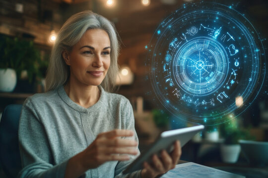 An astrologer with gray hair intently examines celestial charts on a tablet, immersed in her work amid futuristic digital projections and astrological diagrams.