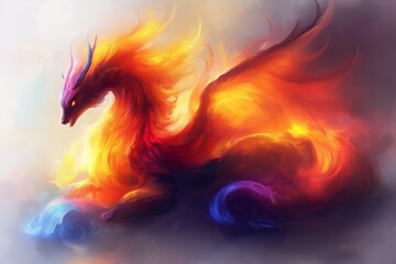 Fototapeta premium Colorful dragon with red, blue, and yellow wings. The dragon is laying on the ground. mythical creature rainbow basilisk
