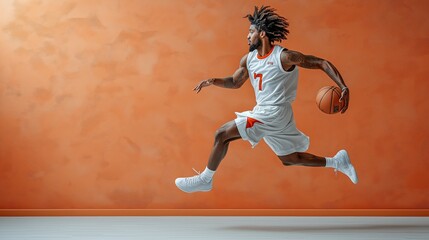 Basketball player is holding a basketball and running. Man wearing jersey and playing basketball in front of orange wall dynamic style, in the style of a sports magazine cover,