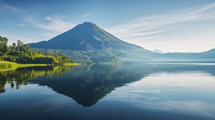 Volcanic mountain in morning light reflected in the calm waters of the lake which is very stunning