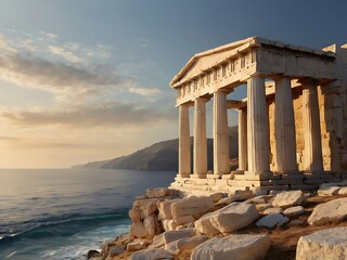 Obraz premium Greek Temple with Waves and Golden Hour Light