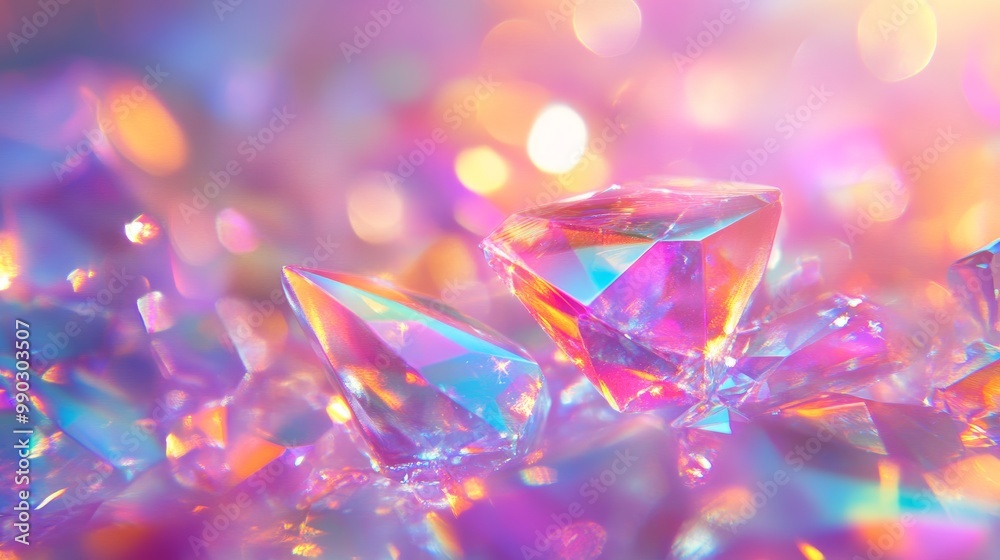 Poster Various crystal shapes and sizes catch the light, creating a dazzling array of colors and reflections, contributing to a magical and ethereal atmosphere