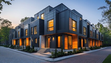 Townhome exterior design with gray, brown, orange and illuminated features