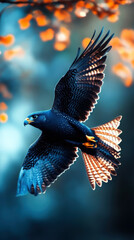 Fototapeta premium A striking image of a falcon soaring through soft, blurred backgrounds, showcasing its intricate feather patterns and vibrant colors against a serene, nature-inspired backdrop.