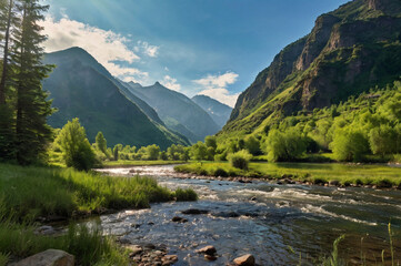 Serene mountain landscape with a flowing river, lush greenery, and a clear blue sky.