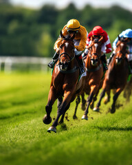 A breathtaking moment captured in horse racing, showcasing a thrilling competition as jockeys urge their horses forward, highlighting the intense energy and speed of the sport.