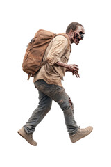 A zombie figure in tattered clothes and a backpack walks menacingly, embodying survival in a post-apocalyptic world.