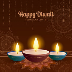 Happy Diwali Indian Festival Celebration background with Diyas and Mandala Template 