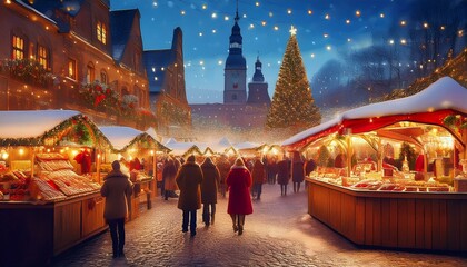 A traditional Christmas market in a bustling town square, featuring charming wooden stalls adorned with twinkling lights, as people shop for festive treats and gifts, creating a joyful holiday atmosph