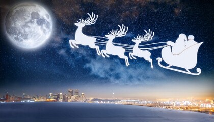 Naklejka premium Santa Claus flying in a sleigh across a starry night sky, pulled by a team of reindeer, with twinkling city lights below, creating a magical and festive holiday scene.